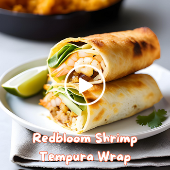 Shrimp tempura wraps on a plate with lime and text overlay.