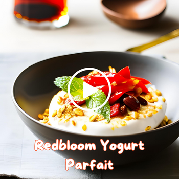 A yogurt parfait topped with fruits and nuts served in a black bowl with 'Redbloom Yogurt Parfait' text overlay.