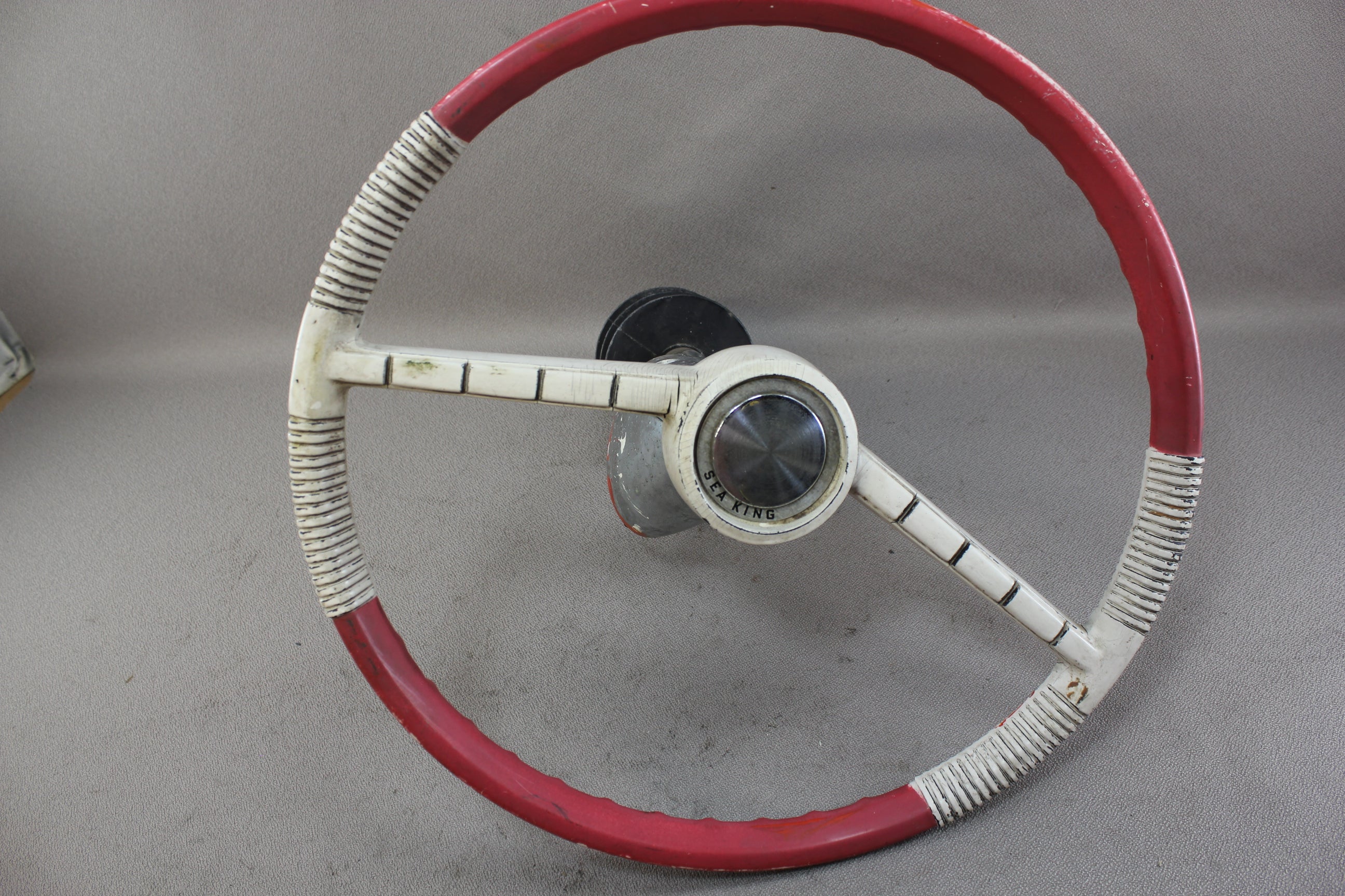 Vintage Boat Pulley Drum Steering Wheel Helm Sea King Cable Outboard White Red