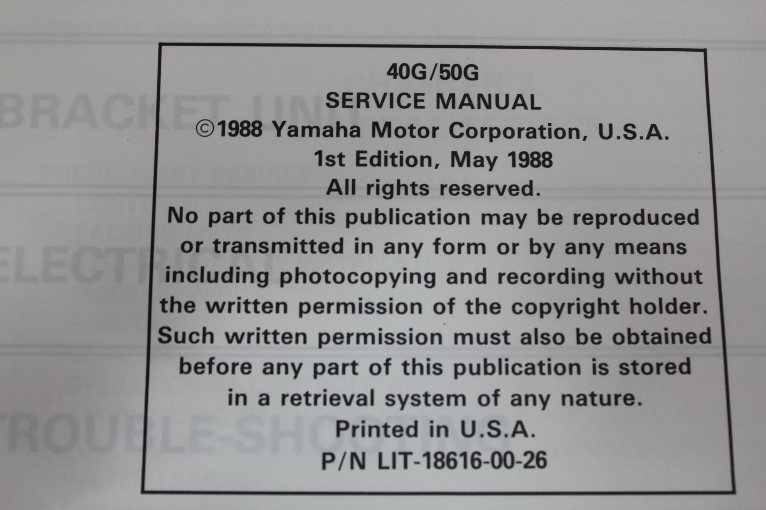 Yamaha Outboard Lit-18616-00-26 40G 50G 40hp 50hp Repair Shop Service Manual