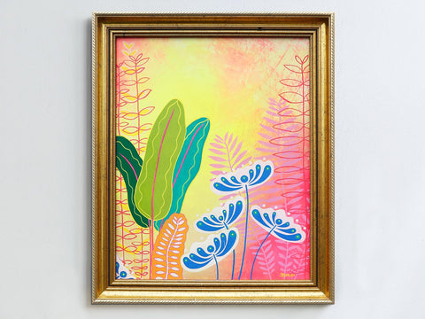 A vibrant and dreamy artwork in an ornate gold frame. 'Cosmic Jungle' features a captivating blend of neon colors and soft pastels, evoking a magical scene filled with positive energy and inspired by nature.