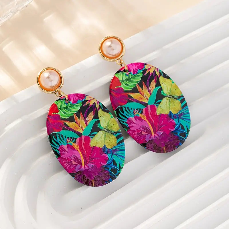 Oval Butterfly Tropical Flower Dangle Hook Earrings