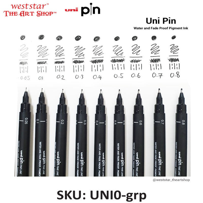 Uni Pin Fineliner Drawing Pen - Complete Set of 11 Grades - Black