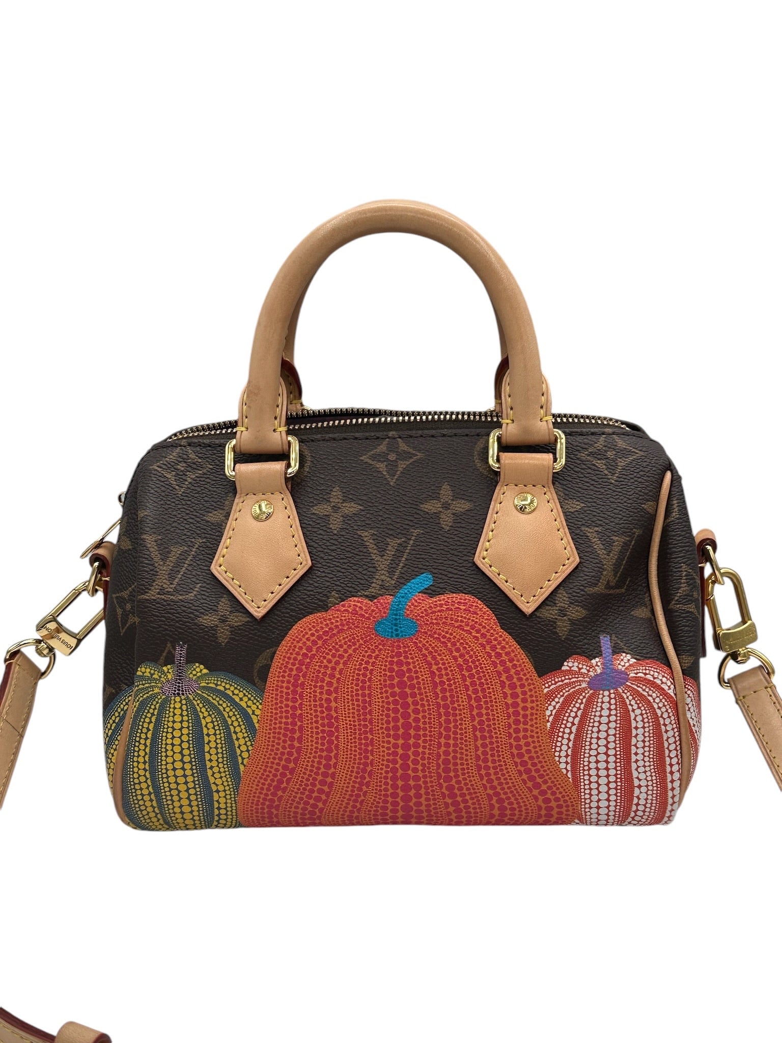 Image of LOUIS VUITTON - LV x YK Monogram Pumpkins Speedy Bandouliere 20 Crossbody Bag