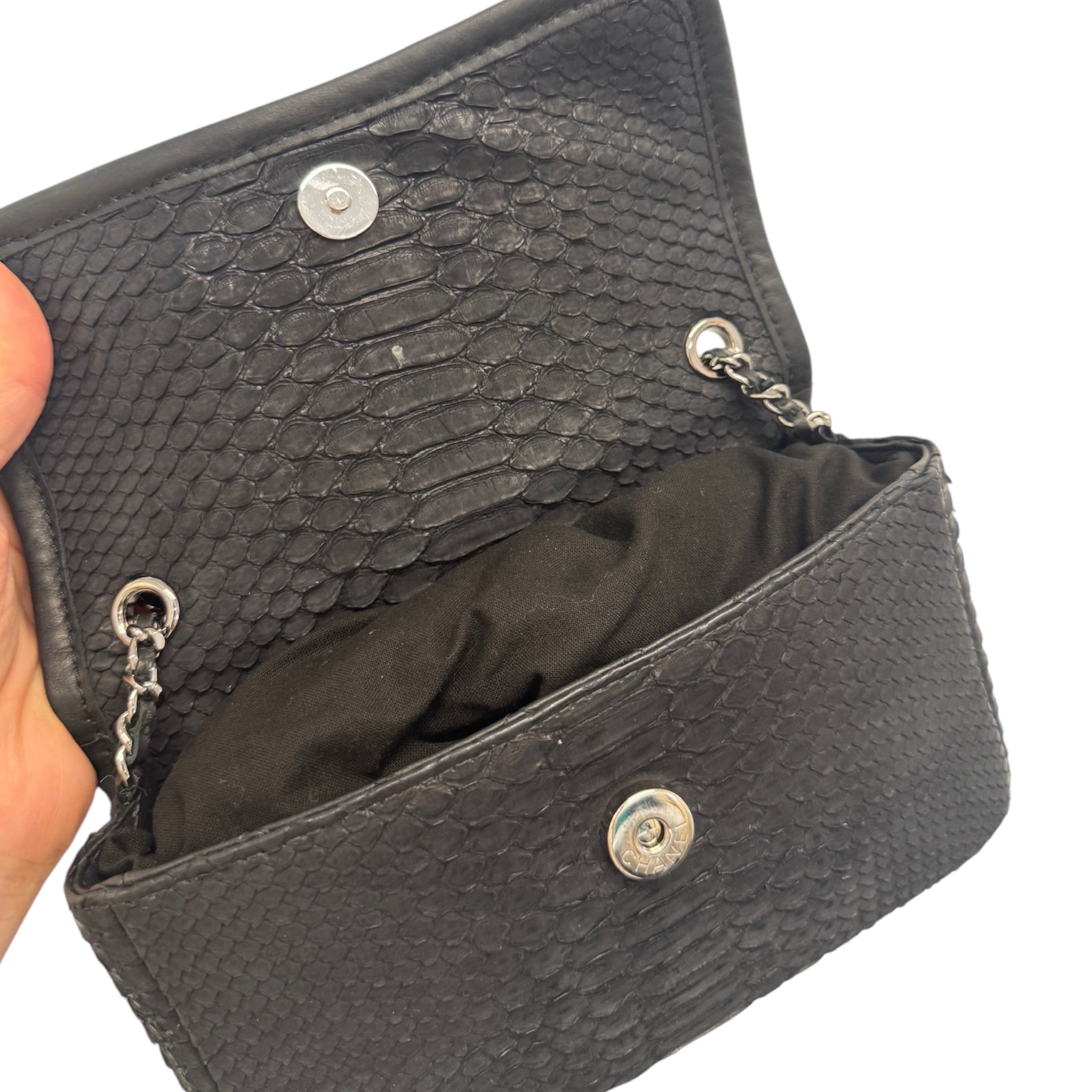 PRE-OWNED CC Black Matte Python CC Small Flap Bag-4