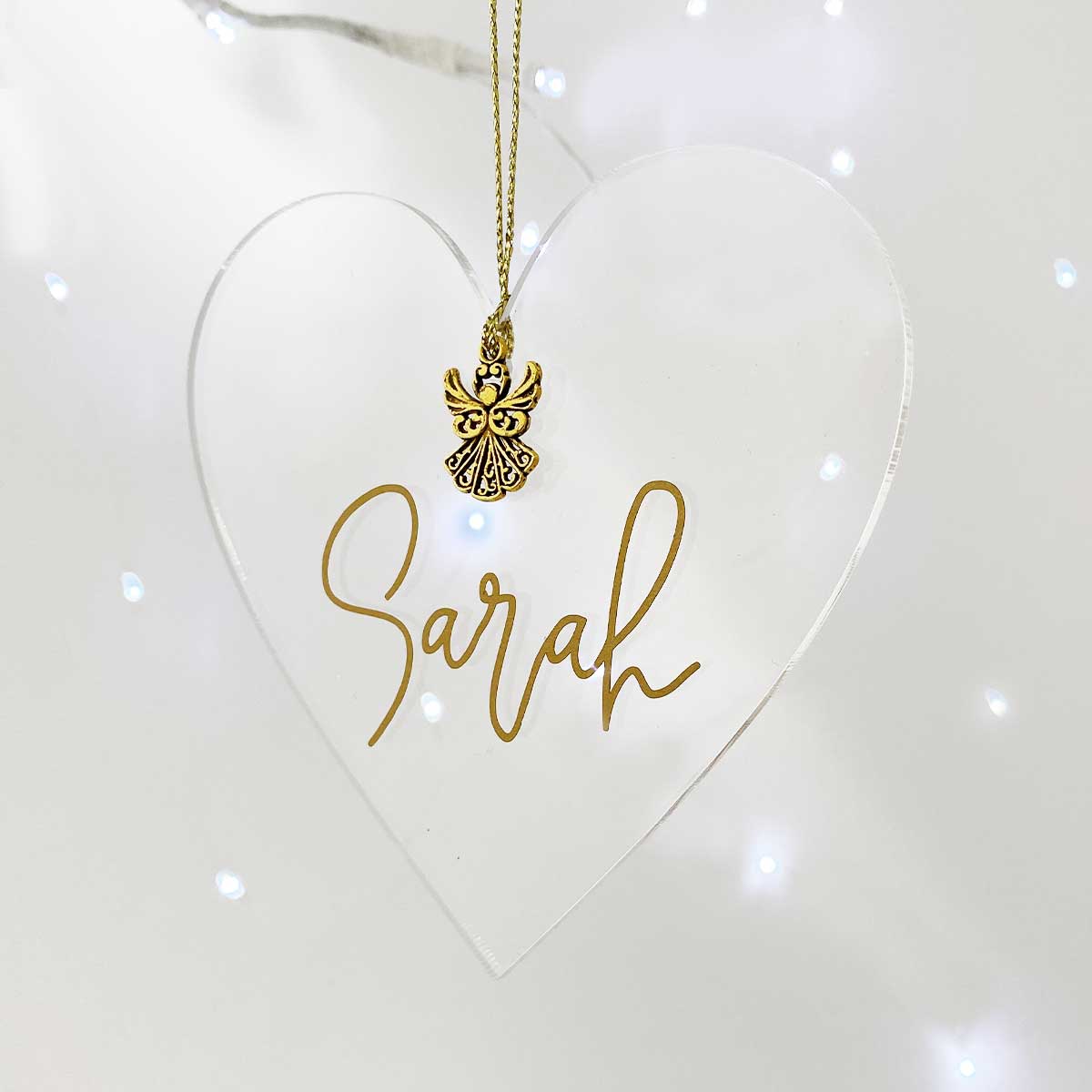 Personalised Clear Acrylic Heart With Angel Pendant