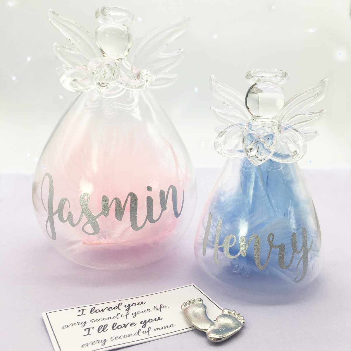 Pink/Blue or White Feather Filled Glass 'Angel Baby' Memorial Angel