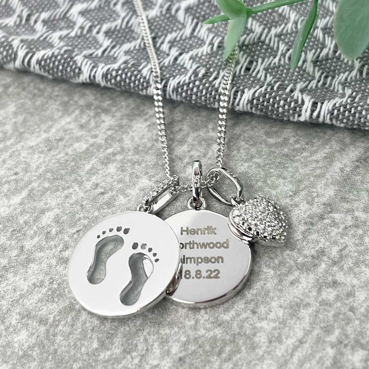 Personalised Sterling Silver Footprints and Cubic Zirconia Heart Angel Baby Necklace