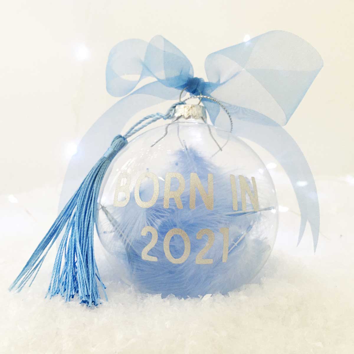 Personalised 'Born in 2023' Pink Blue or White Feather Filled Glass Bauble