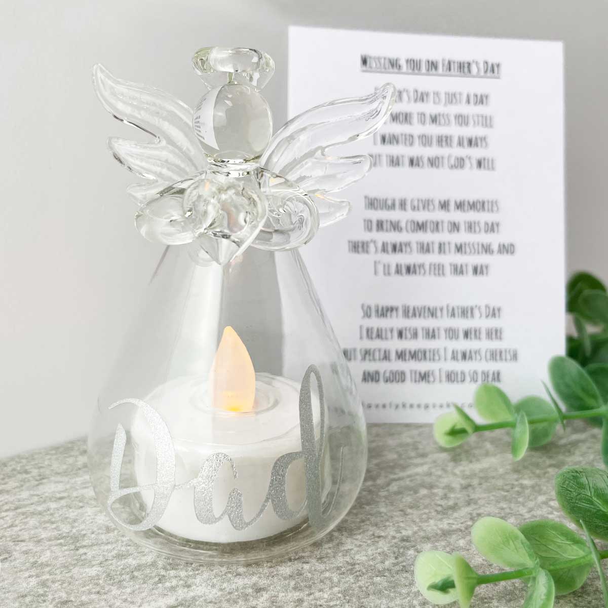 Missing You On Father's Day Poem & Personalised LED Glass Angel