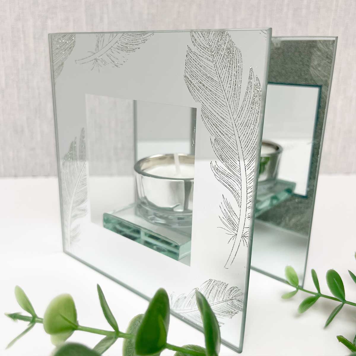 Silver Glitter Feather Glass Tea Light Holder Box