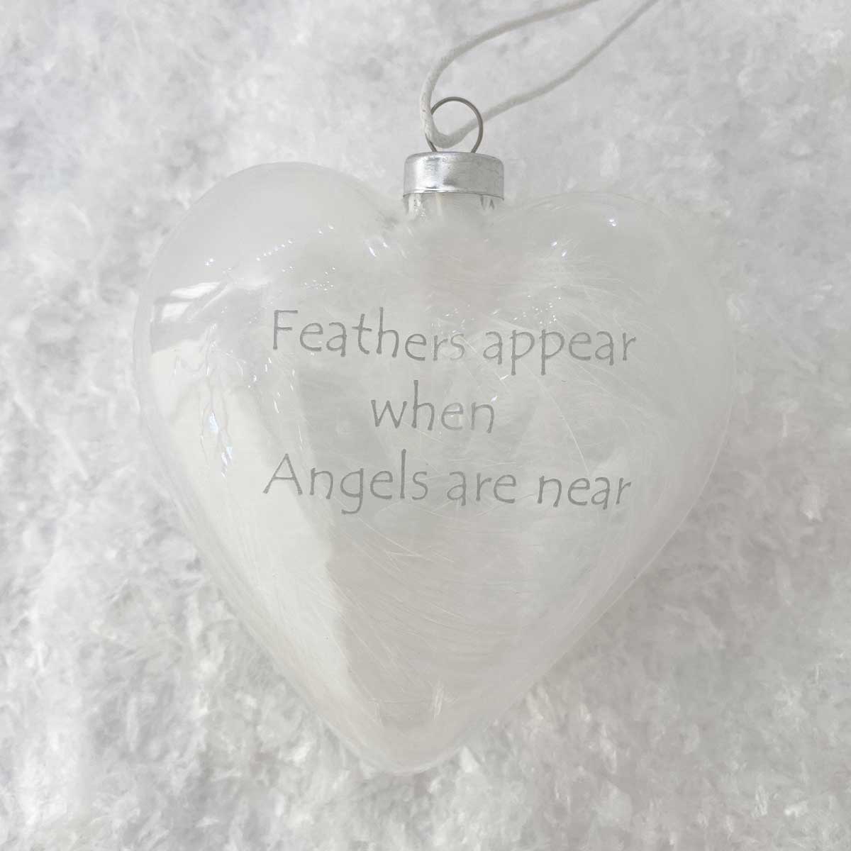 White Feather Filled Memorial Glass Heart Bauble 10cm