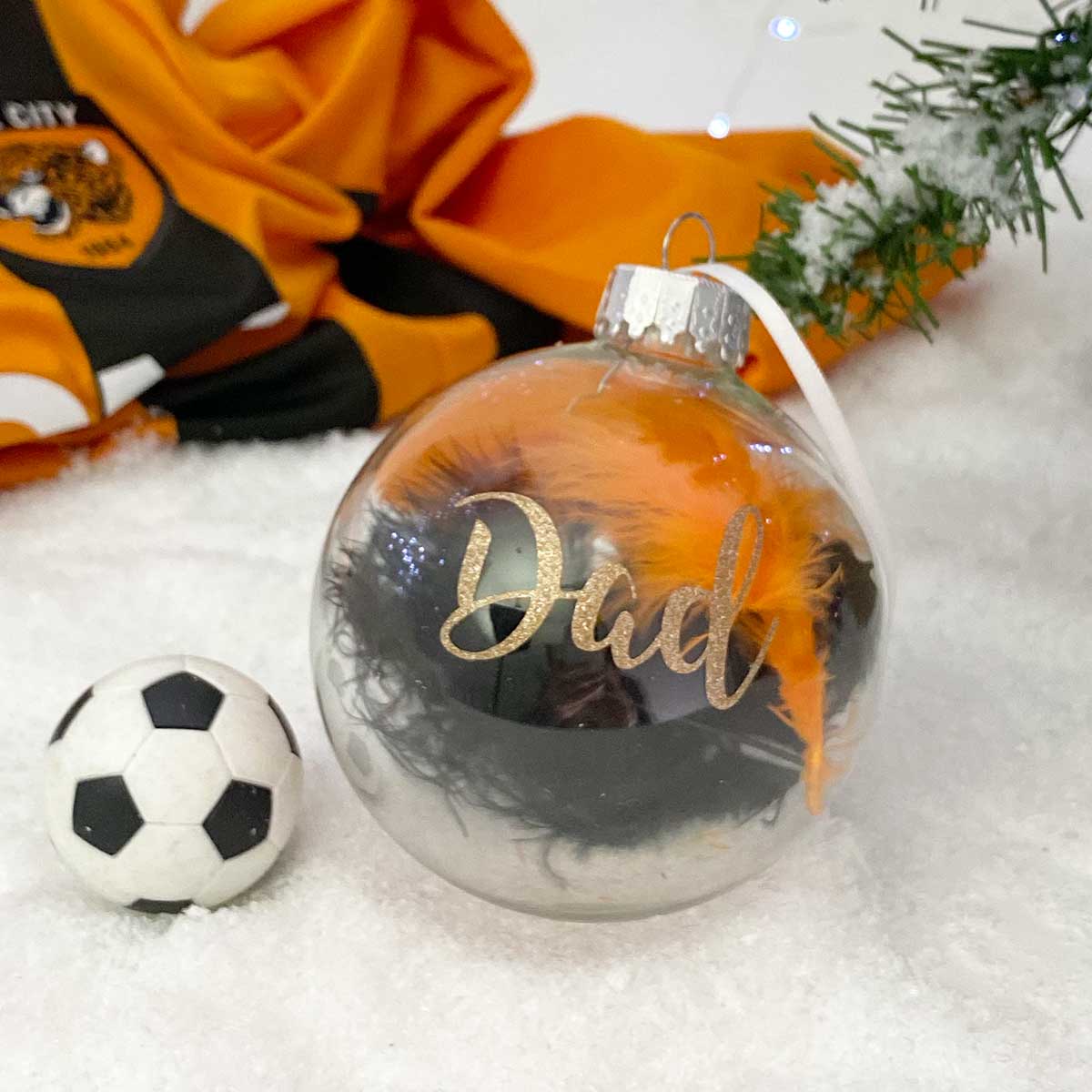 Personalised Football Fan Memorial Glass Christmas Bauble With Club Colours