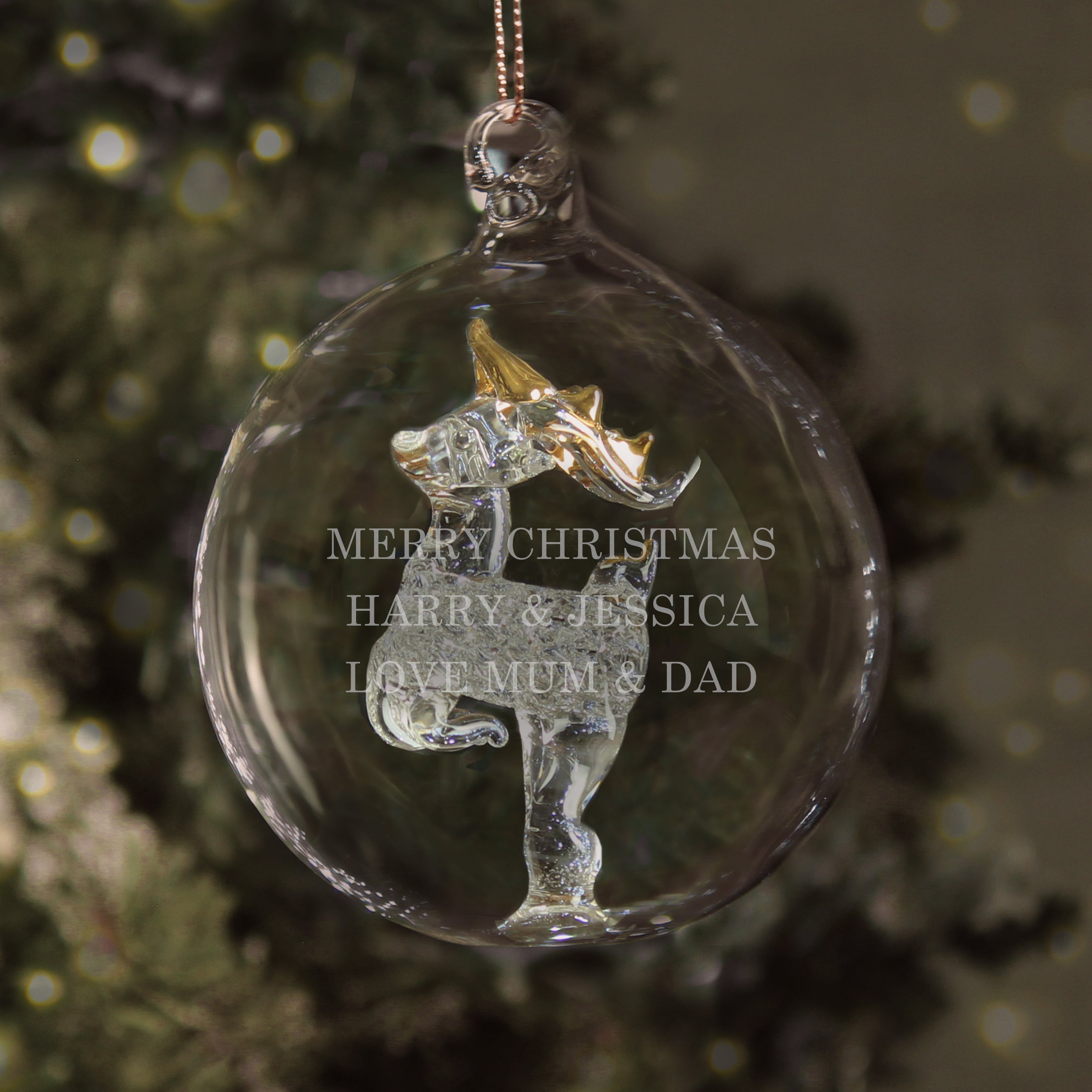 Personalised Christmas Tree Bauble, Glass with Reindeer