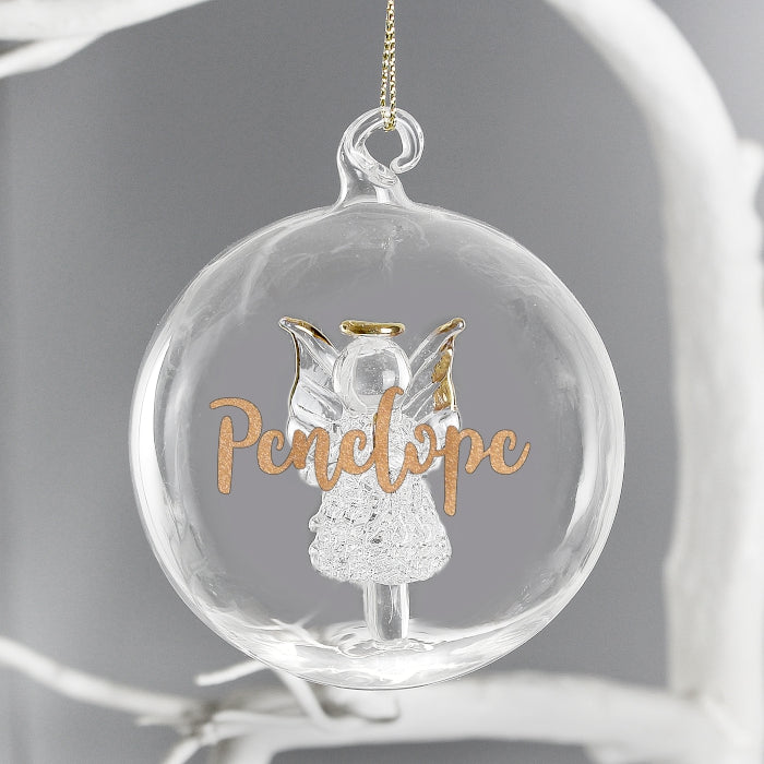 Personalised Glass Christmas Tree Bauble with Angel & Gold Glitter Name