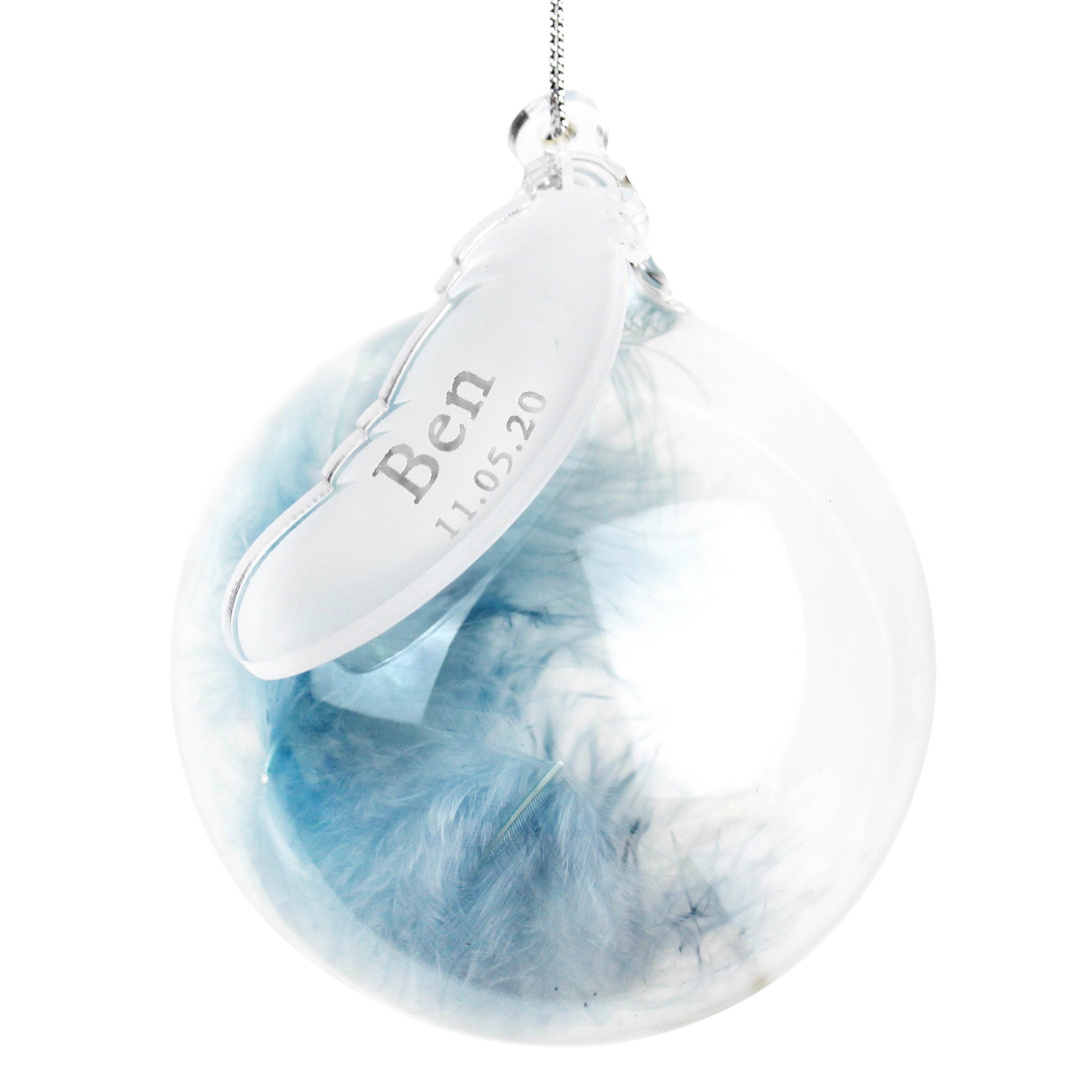 Personalised Blue Feather Name & Date Glass Bauble