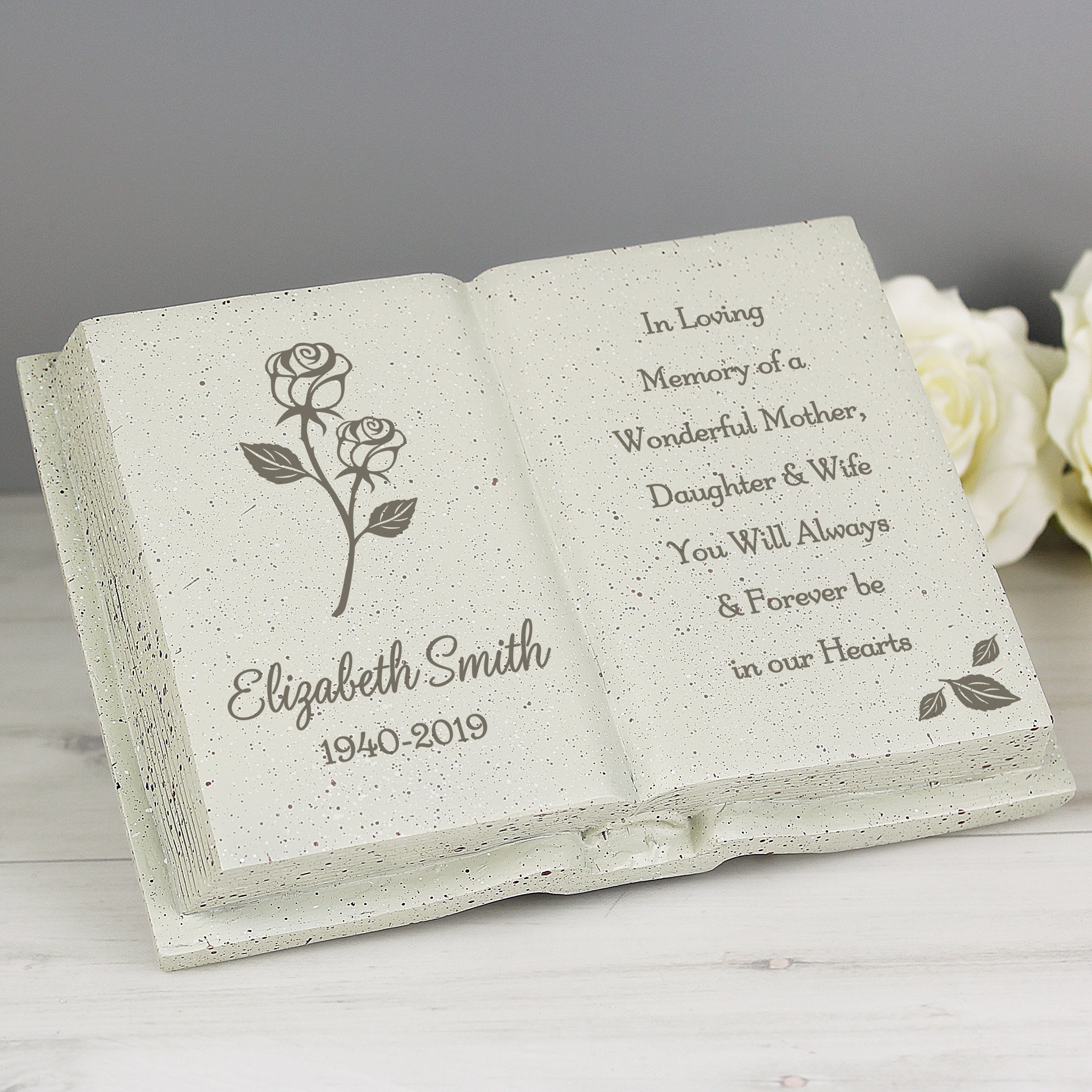 Personalised Book Memorial Grave Marker - Rose Design