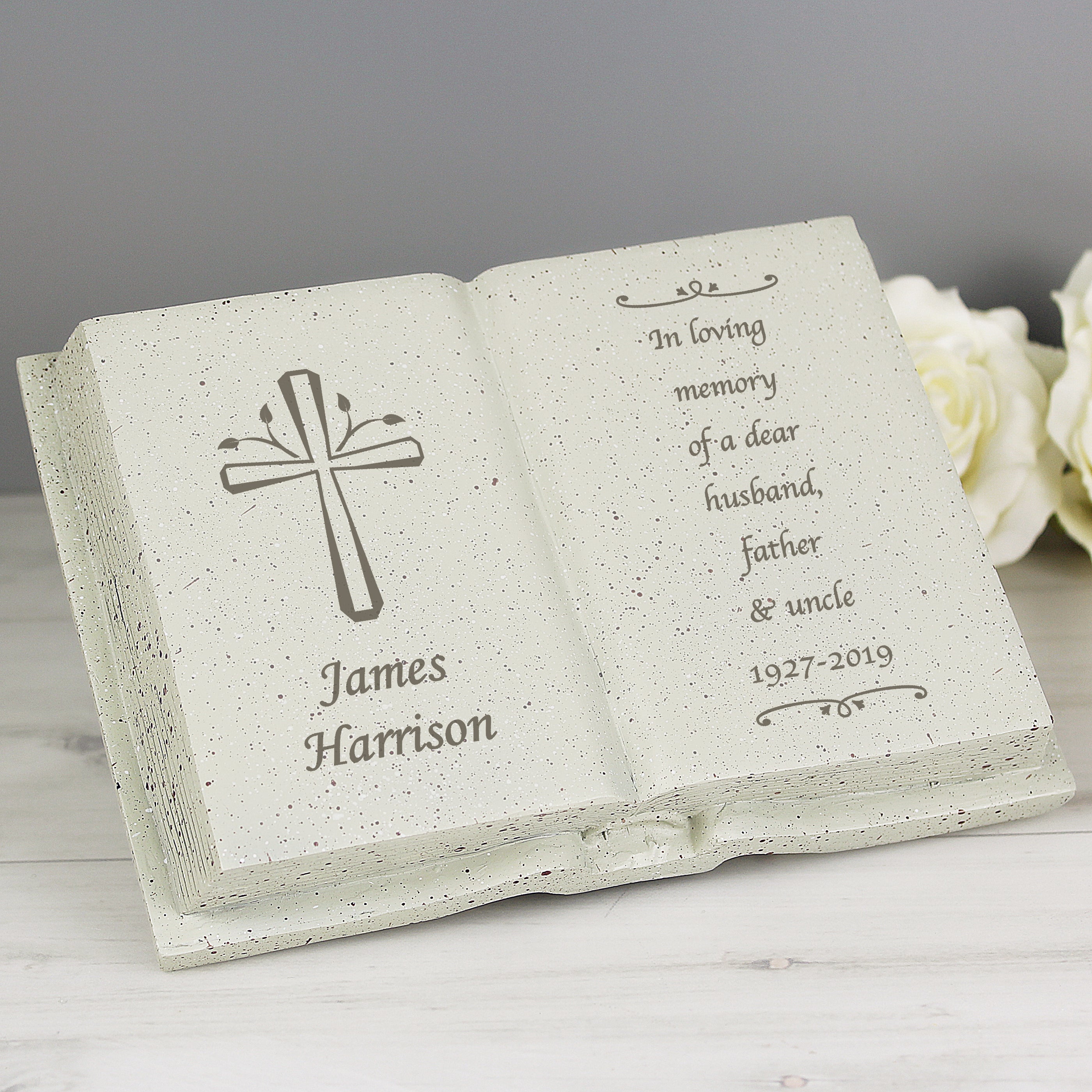 Personalised Book Memorial Grave Marker - Cross Design