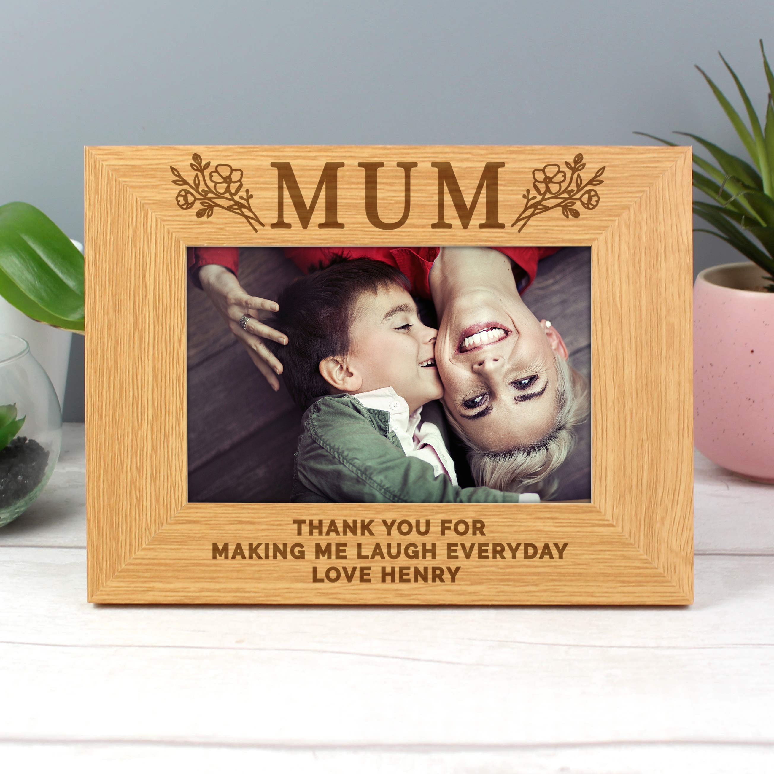 Personalised Mum Oak Finish Photo Frame with Floral Detail