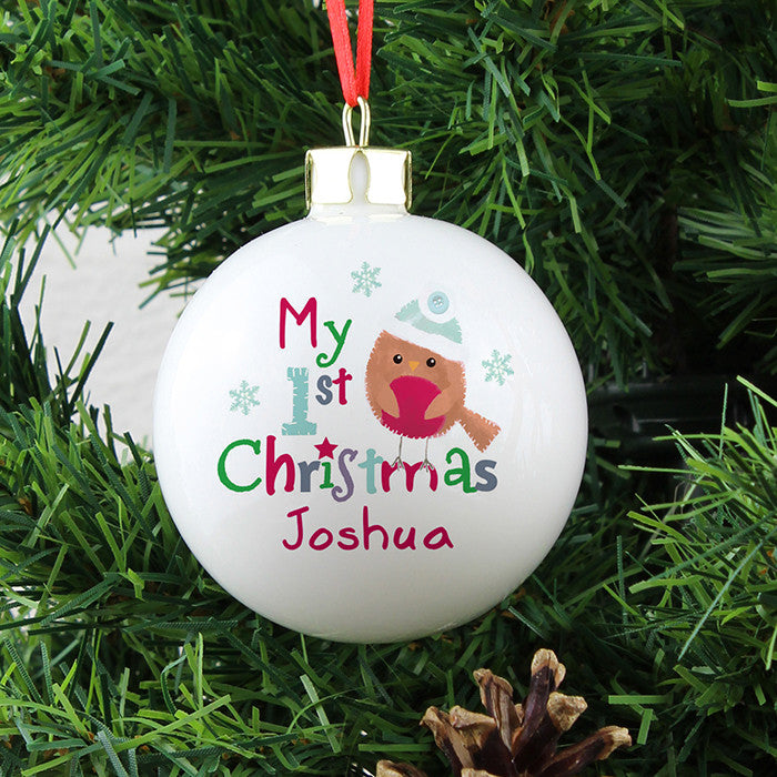 Personalised  'My 1st Christmas' Bauble - Felt Stitch Robin