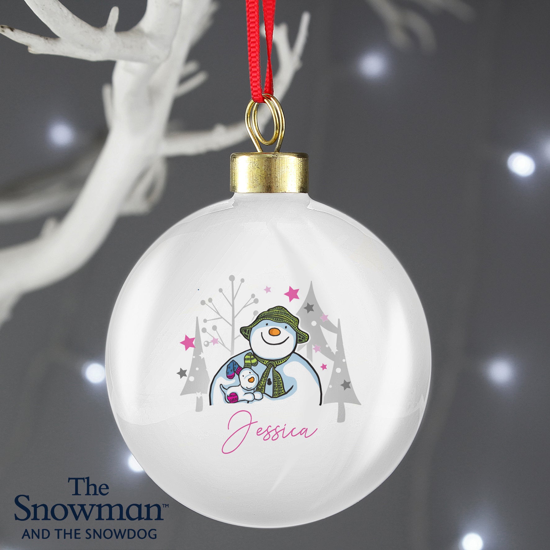 Personalised The Snowman and the Snowdog Pink Bauble