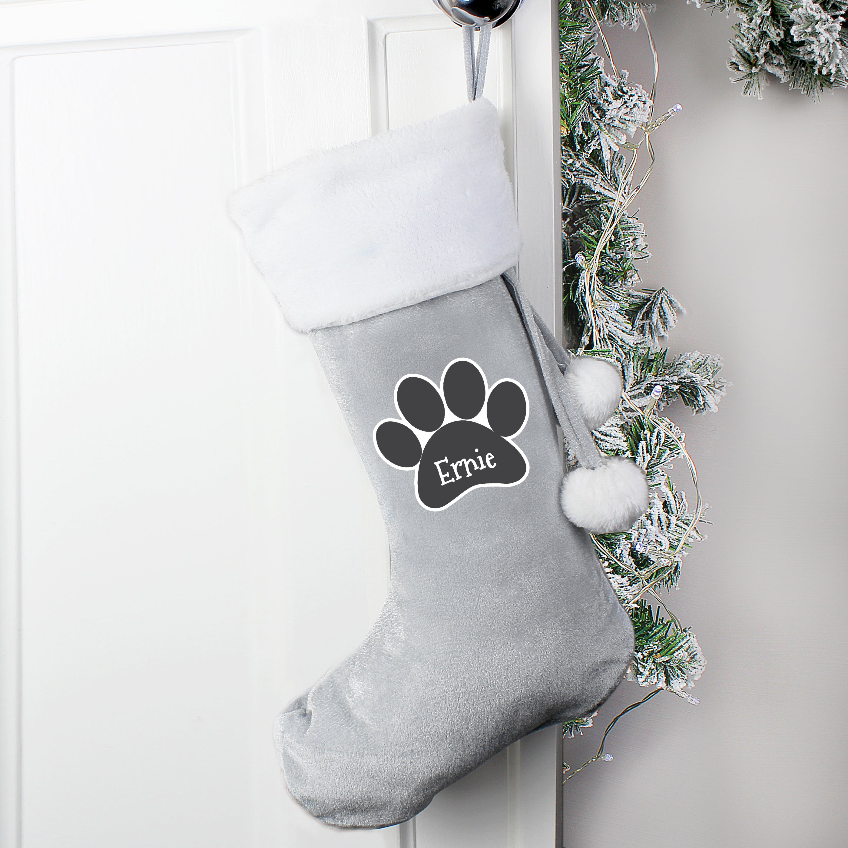 Personalised Paw Print Silver Grey Pet Stocking