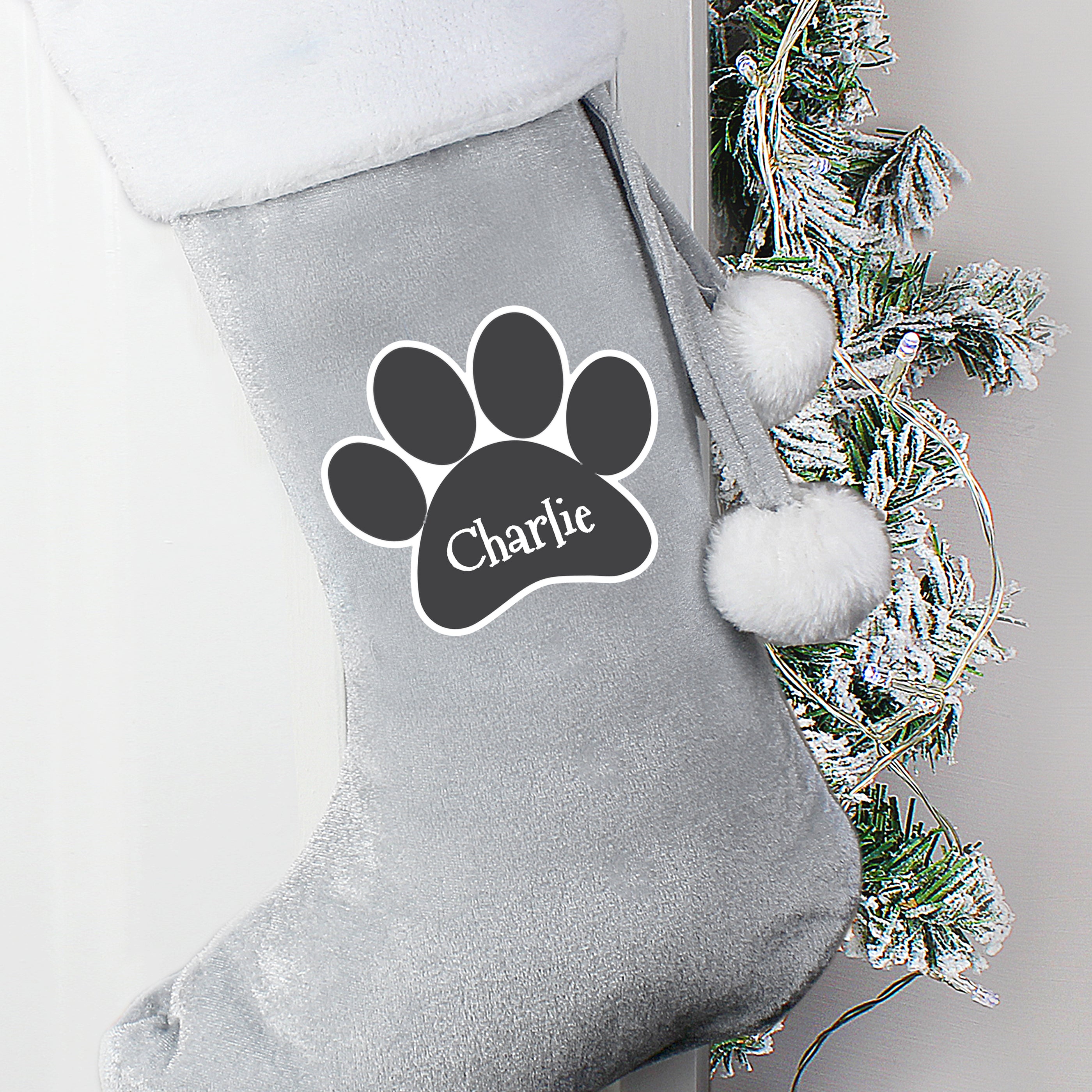 Personalised Paw Print Silver Grey Pet Stocking