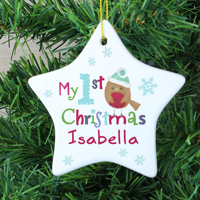 Personalised 'My 1st Christmas' Star Decoration, Ceramic, Felt Stitch Robin