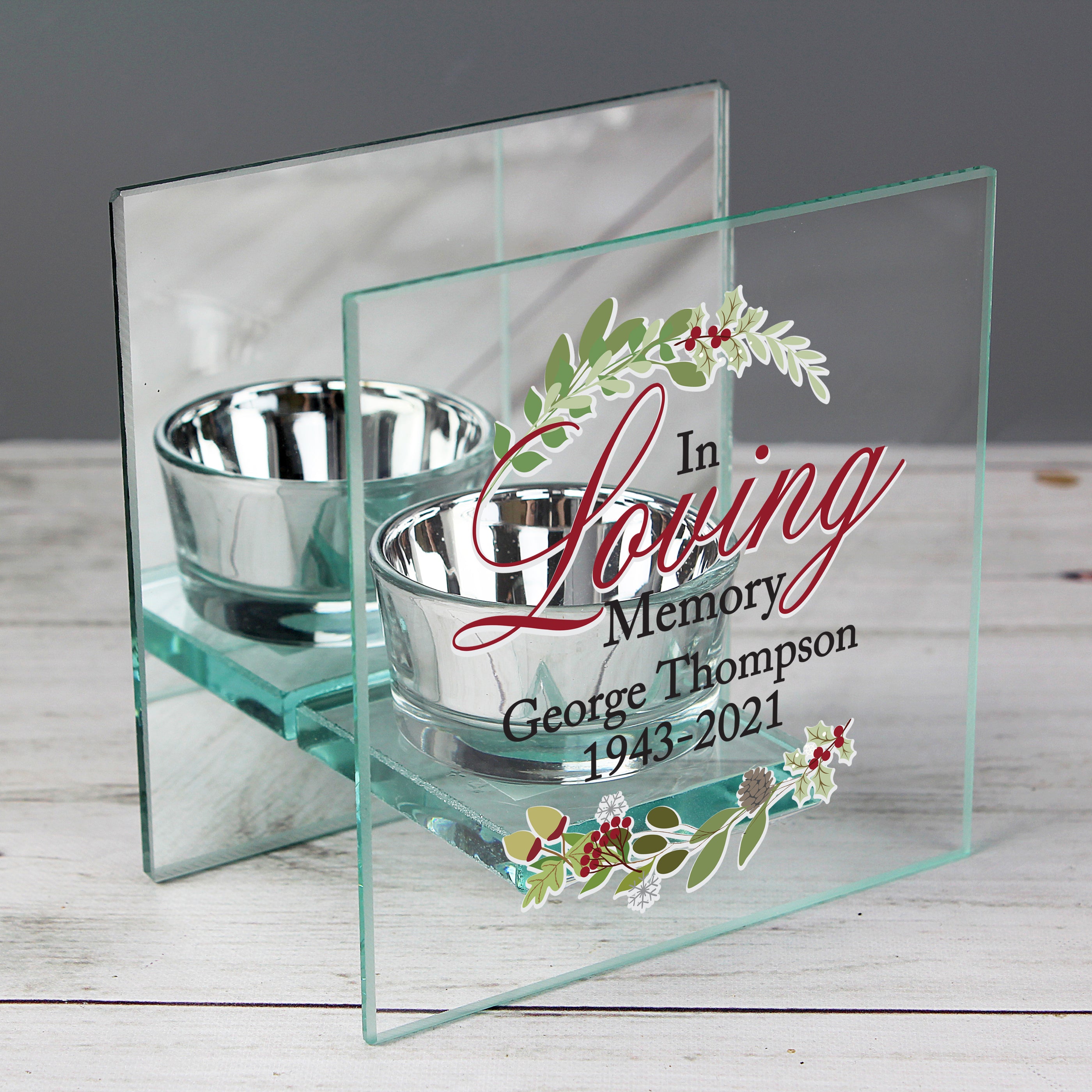 Personalised In Loving Memory At Christmas Mirrored Glass Tea Light Holder