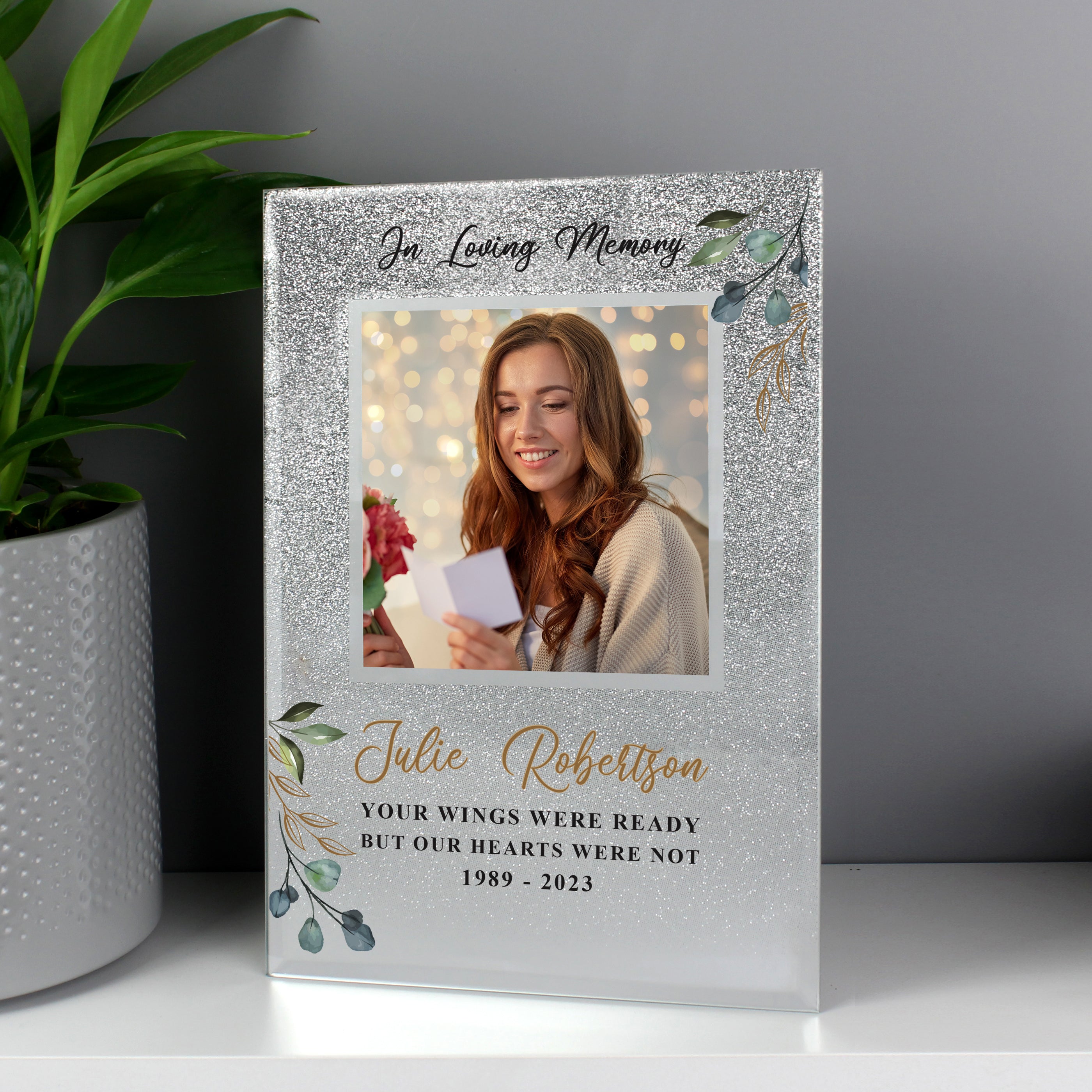 Personalised Memorial 4x4 Glitter Glass Photo Frame