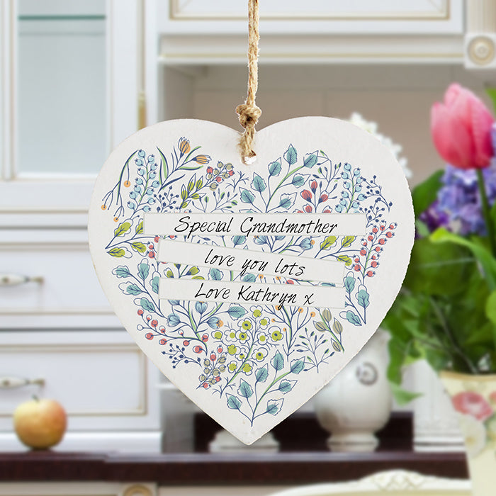 Personalised Botanical Wooden Heart for Grandma, Gran, Nana, Nan