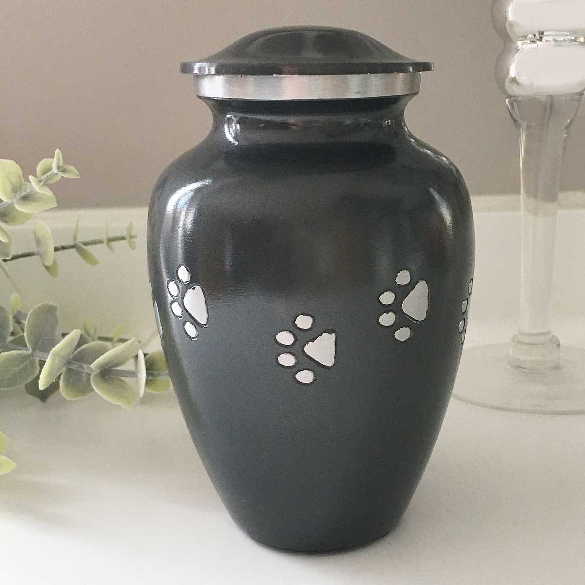 Black/Silver Paw Pet Cremation Urn for Ashes