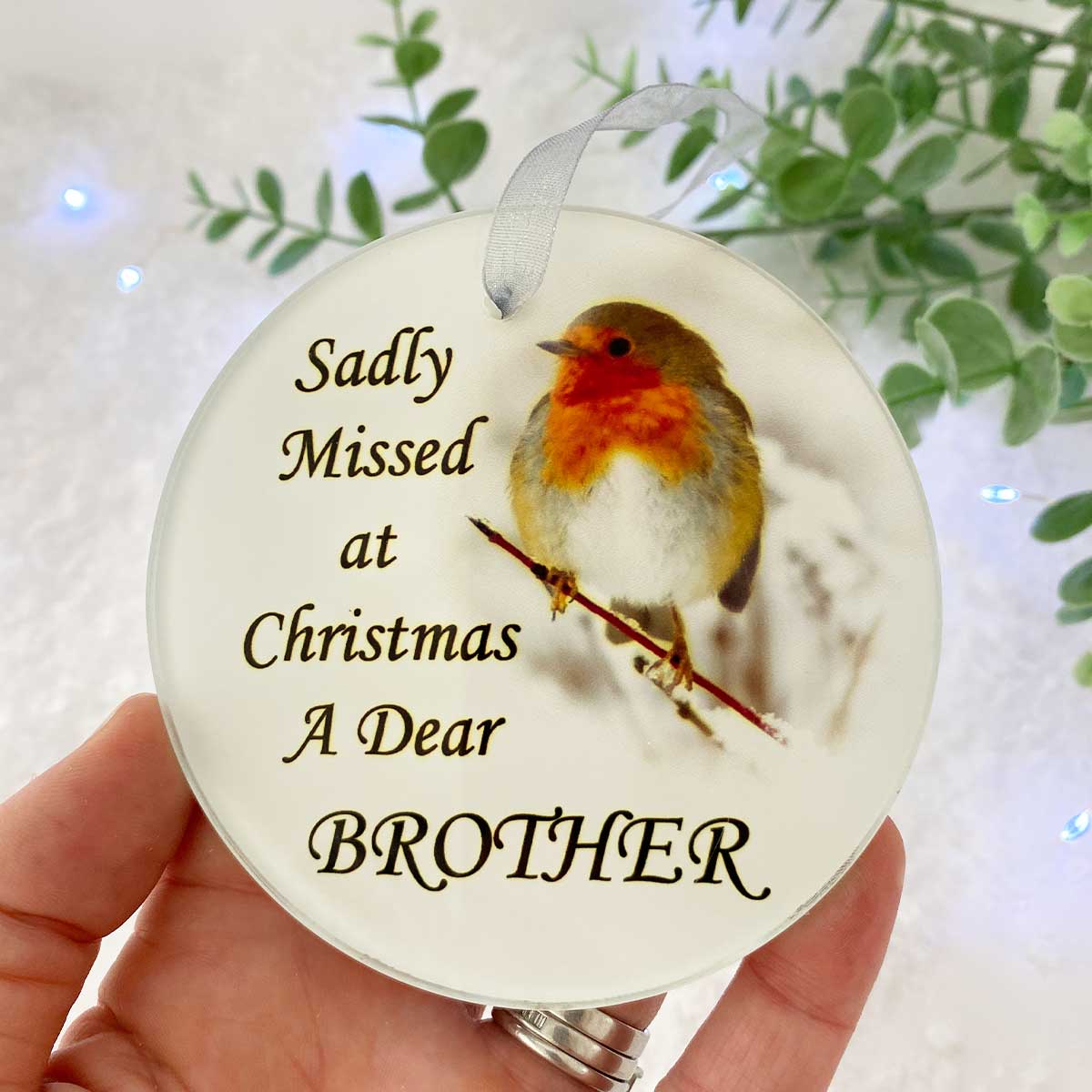 Robin 'Missed At Christmas' Glass Hanging Decoration - Brother