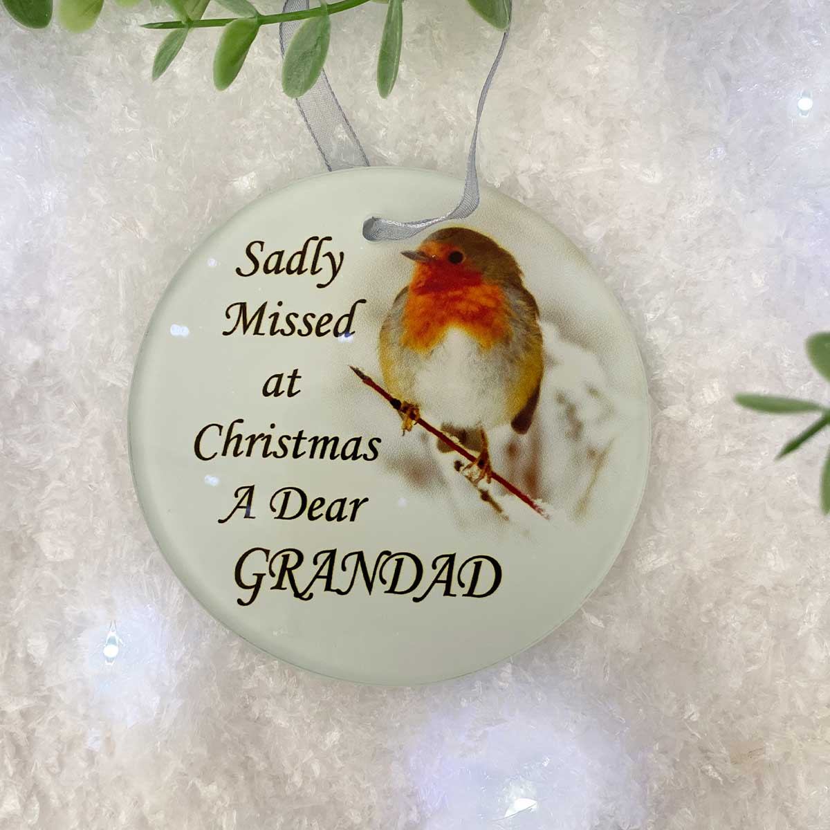 Robin 'Missed At Christmas' Glass Hanging Decoration - Grandad