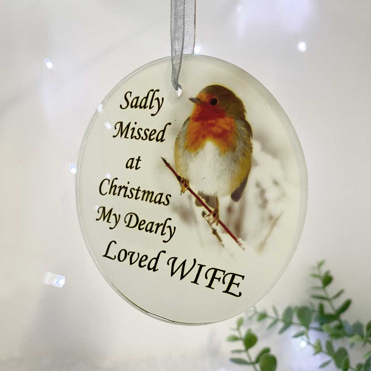 Robin 'Missed At Christmas' Glass Hanging Decoration - Wife