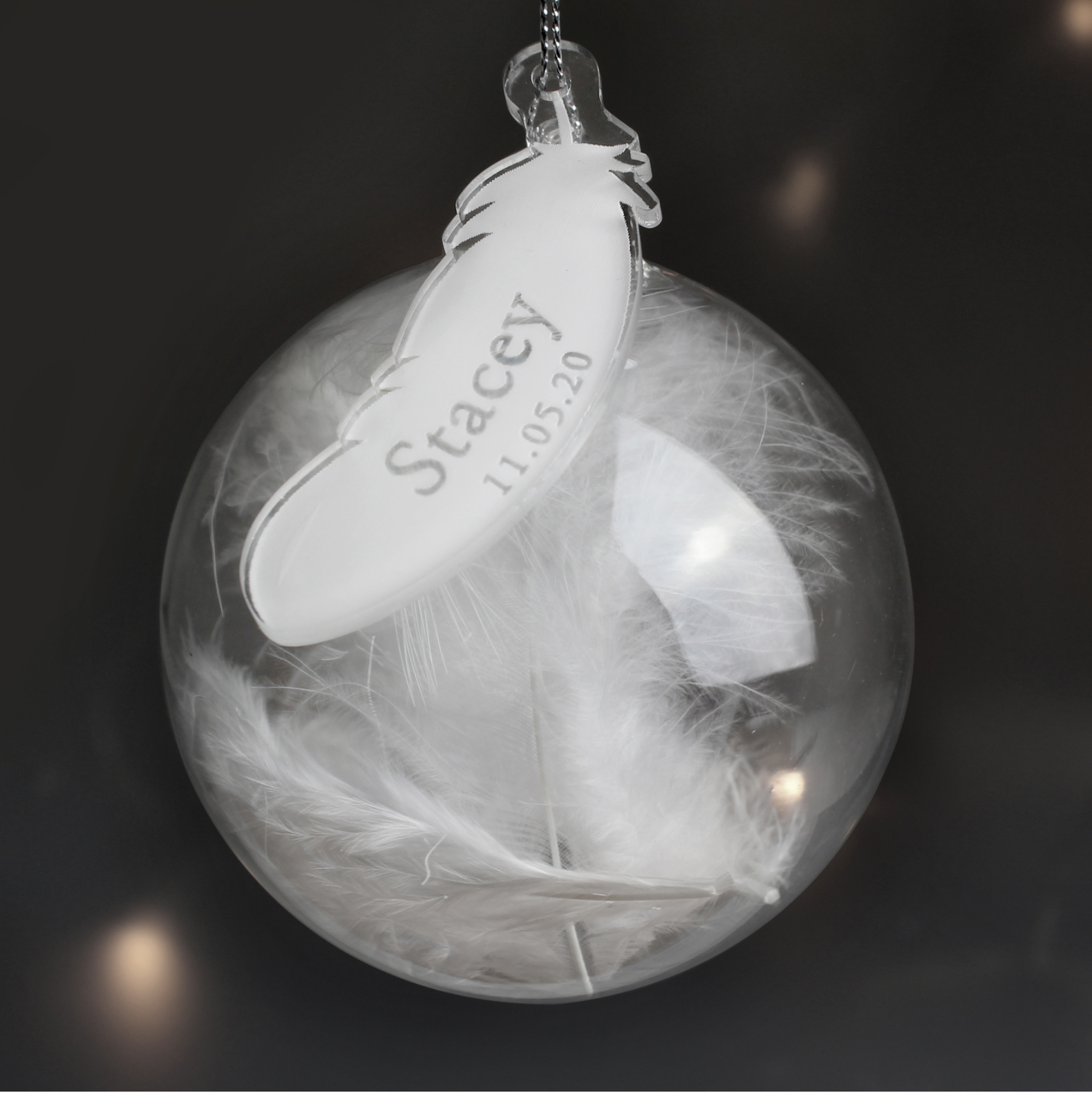 Personalised White Feather Name & Date Glass Bauble