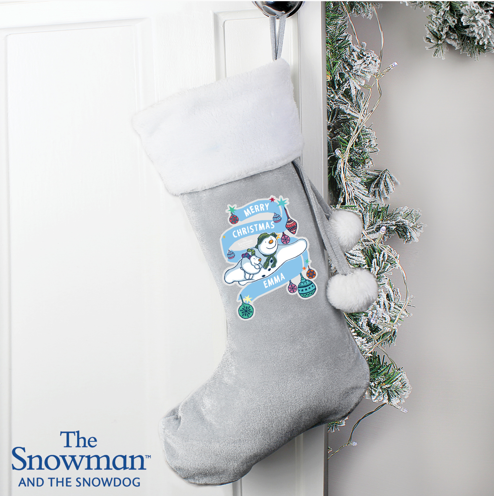 Personalised 'The Snowman And The Snowdog' Luxury Silver Grey Christmas Stocking