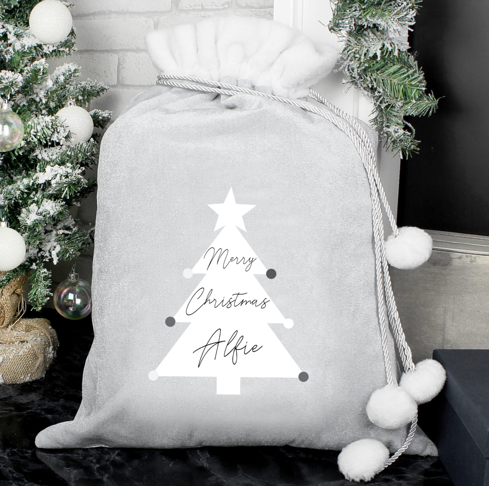 Personalised Christmas Tree Luxury Silver Grey Pom Pom Sack