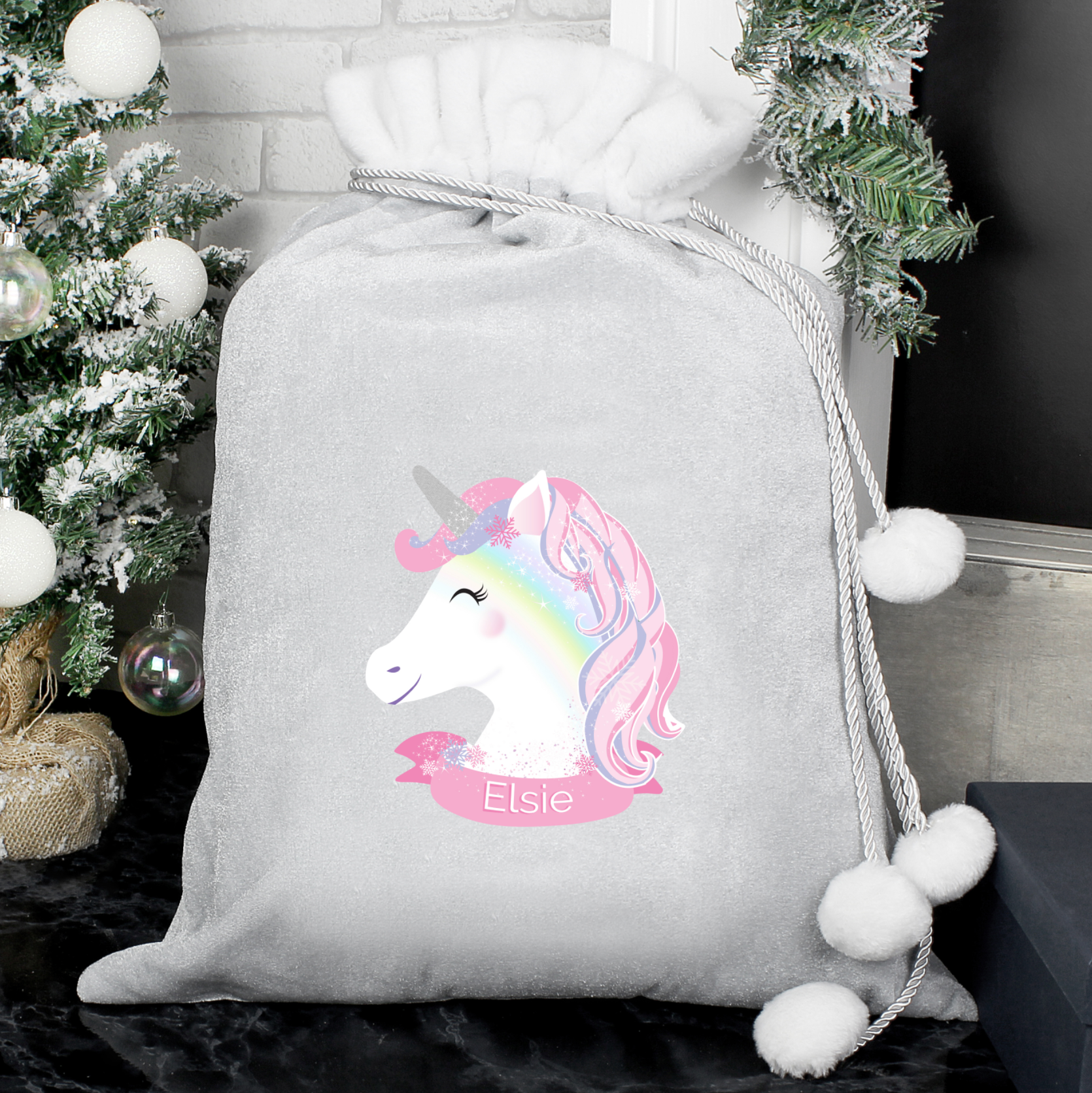 Personalised Unicorn Luxury Silver/Grey Christmas Sack