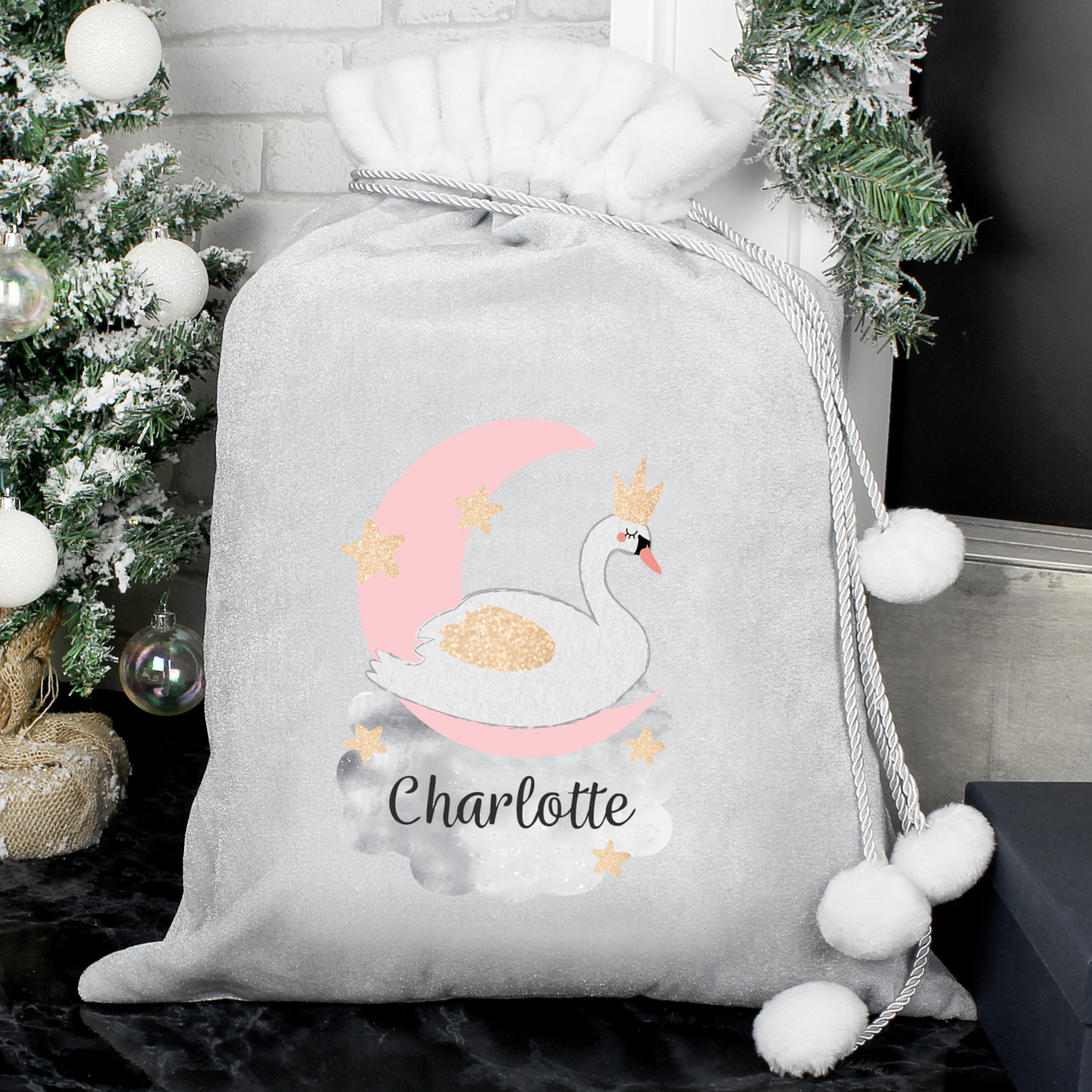 Personalised Swan Luxury Silver/Grey Christmas Sack