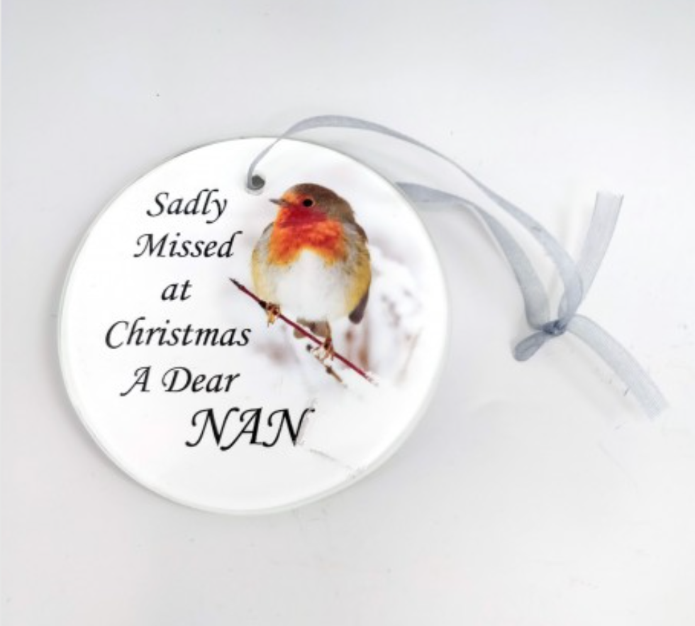 Robin 'Missed At Christmas' Glass Hanging Decoration - Nan