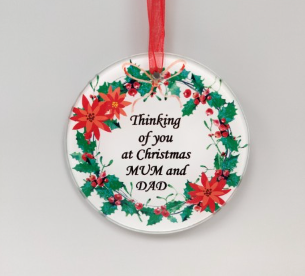 Mum and Dad Christmas Wreath Glass Tree Decoration