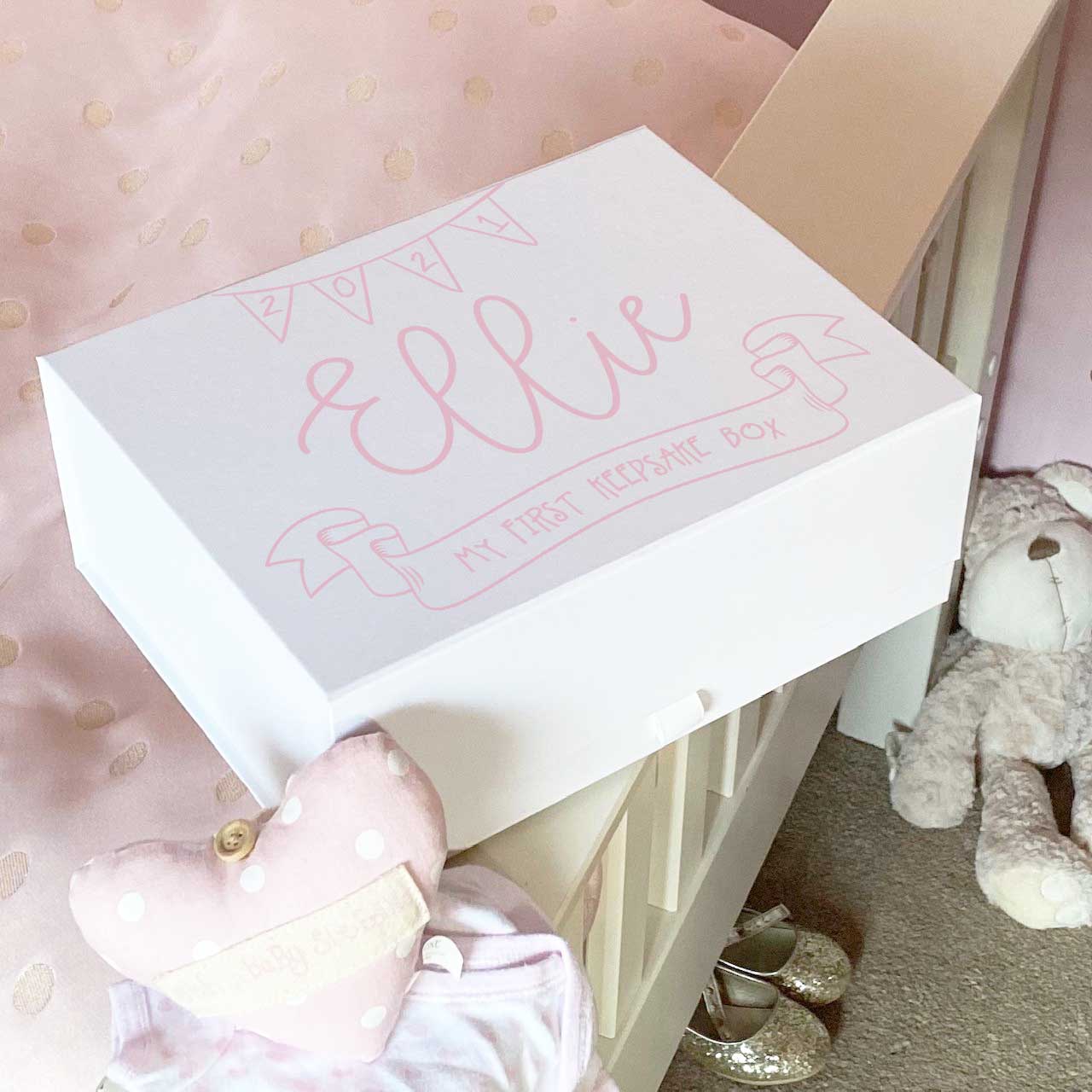 Personalised White New Baby Memory Keepsake Box (Pink, Blue, Silver, Gold)