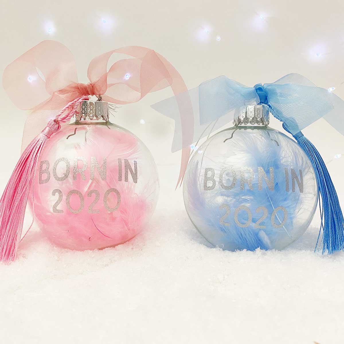 Personalised 'Born in 2023' Pink Blue or White Feather Filled Glass Bauble