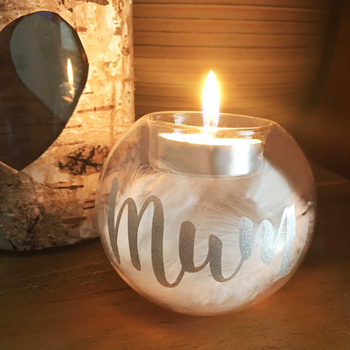 Personalised Feather Filled Glass Memorial Tea Light Holder