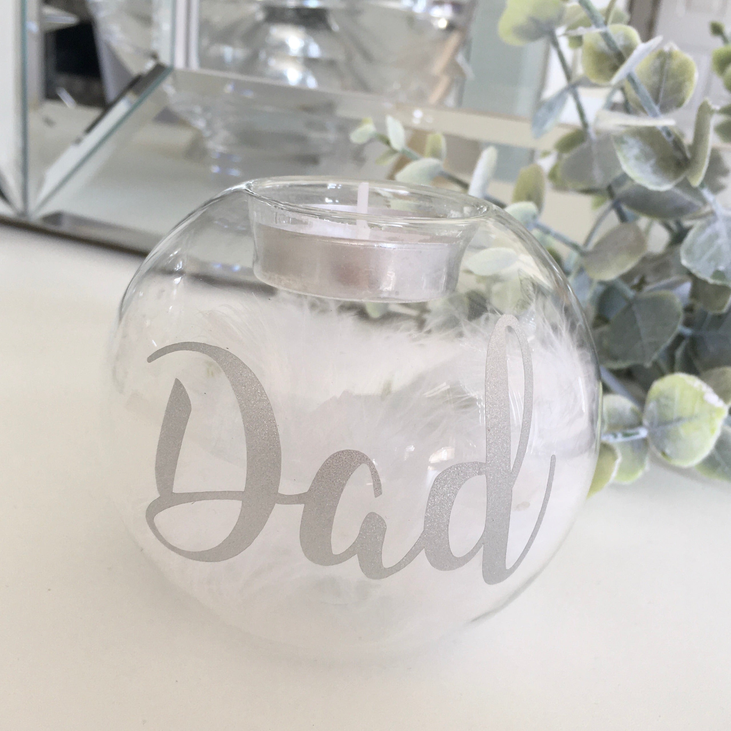 Personalised Feather Filled Glass Memorial Tea Light Holder