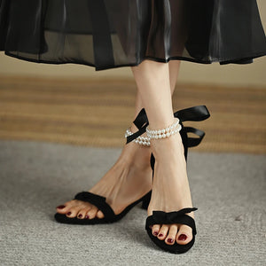 Offene Spitze Perle Schleife Fersen - Xyrisa