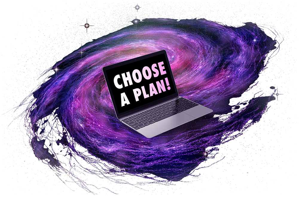 Graphic design of a galaxy with a computer that says on the screen: Choose A Plan! This call to action is to get Utah businesses to buy an SEO Plan by Webinauts.