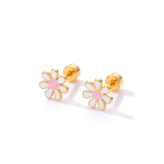 Titanium Pink Daisy Flower Screw Flat Back Stud Earrings, Non