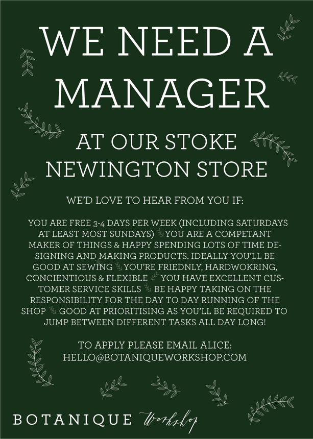 Shop manager needed for Botanique Workshop Stoke Newington store